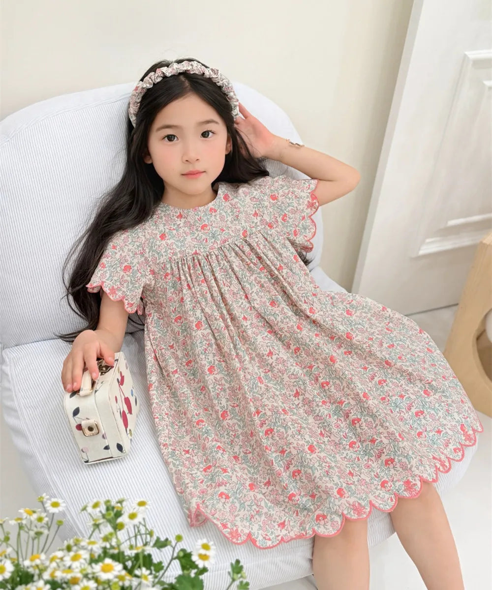 baby girl clothes Summer Pink Flower Dress full printed patterns Sweet dress French style pastoral princess dress