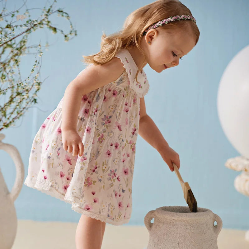 Dave Bella Girl's Princess Dress 2024 New Summer Children's Baby Sleeveless Floral Cute Sweet Party Outdoor DB2240560