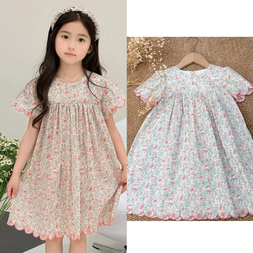 baby girl clothes Summer Pink Flower Dress full printed patterns Sweet dress French style pastoral princess dress