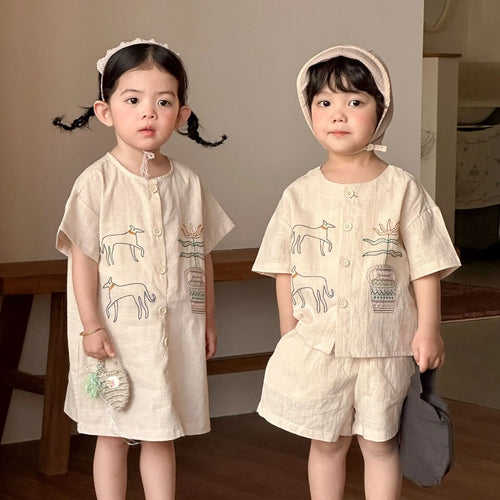2026 Summer New Kids Boys Cartoon Embroidery Shirts + Shorts 2pcs Suit Girls Short Sleeve Dress Children Brother Sisters Clothes