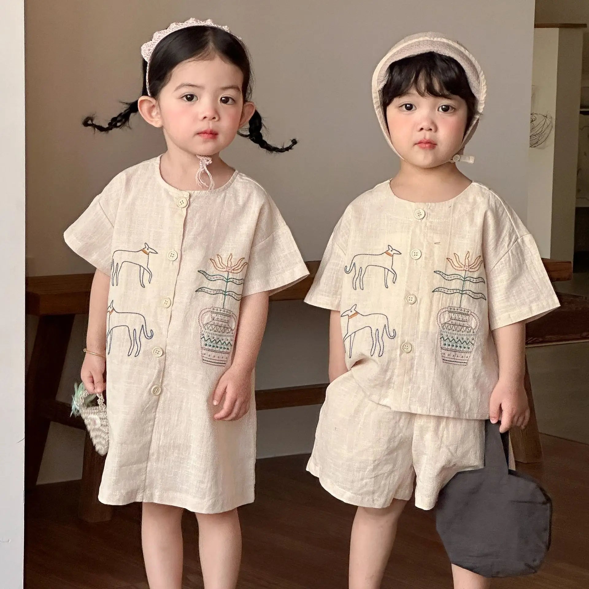 2026 Summer New Kids Boys Cartoon Embroidery Shirts + Shorts 2pcs Suit Girls Short Sleeve Dress Children Brother Sisters Clothes