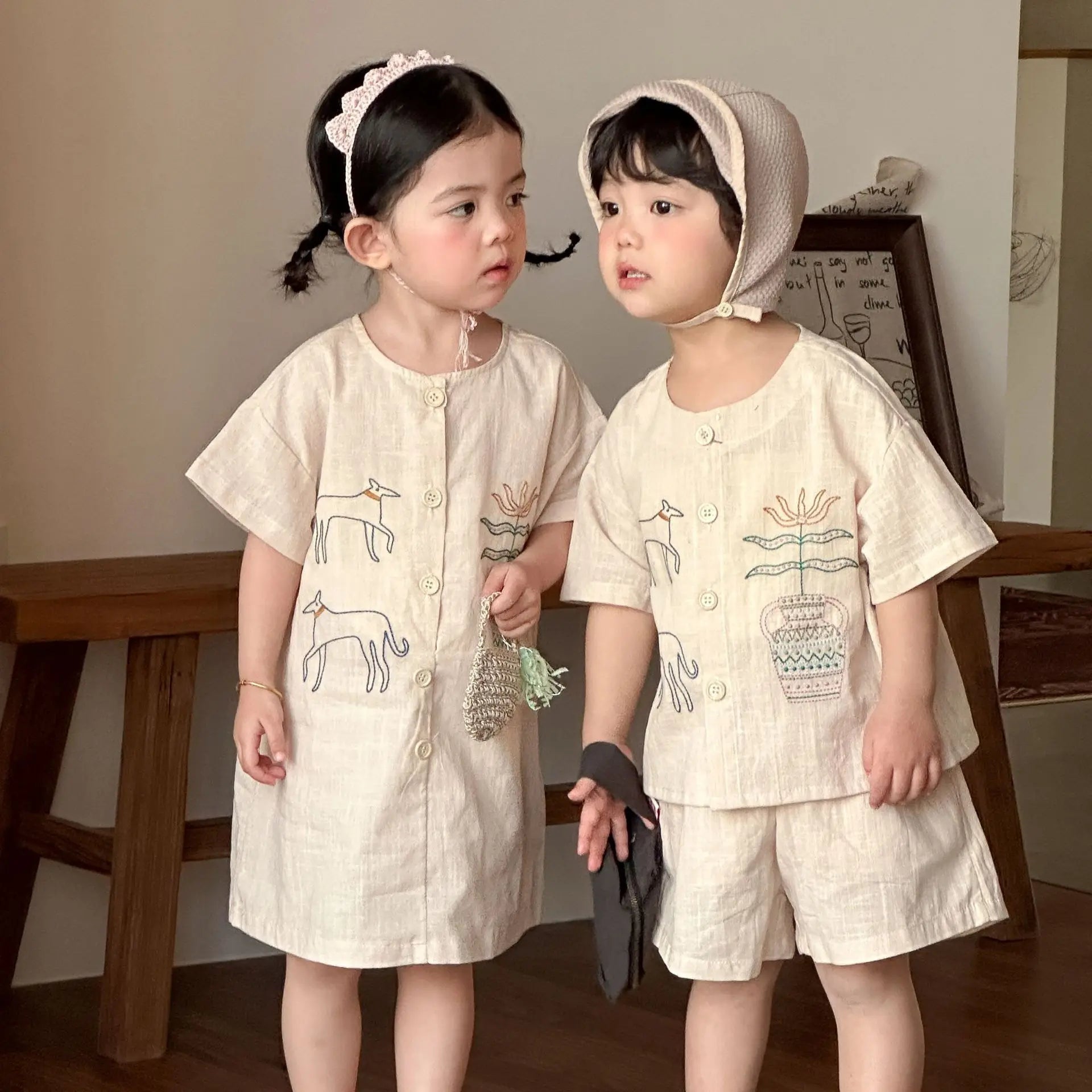 2026 Summer New Kids Boys Cartoon Embroidery Shirts + Shorts 2pcs Suit Girls Short Sleeve Dress Children Brother Sisters Clothes